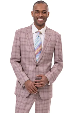 "Peak Lapel One Button Men's Fashion Suit - Tan Windowpane Plaid"