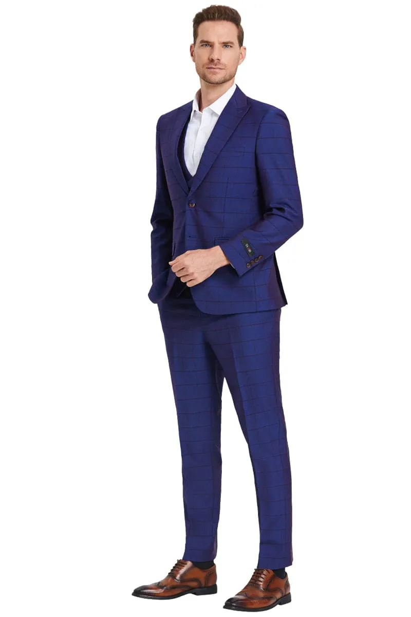 "Sharkskin Suit Men's - Indigo Blue Windowpane Plaid, Two Button Vested Peak Lapel"