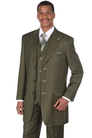 "Vintage Gangster Pinstripe Men's Suit with Vest - Olive Green"