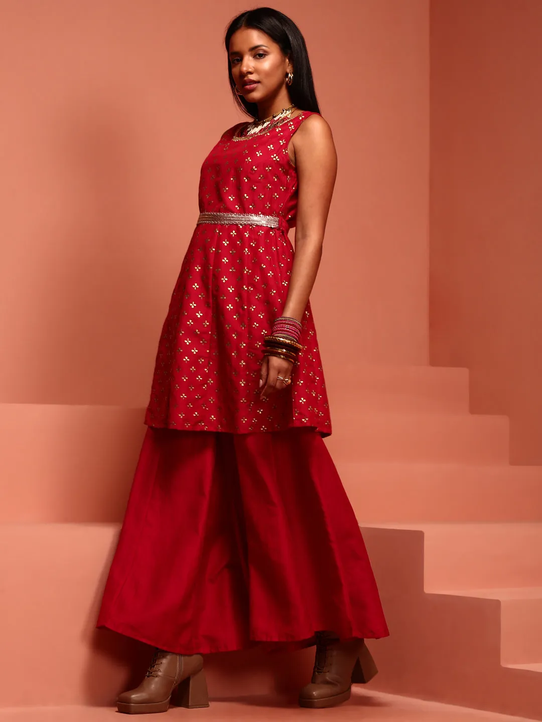 Red Printed Stylish Kurta Palazzo Set