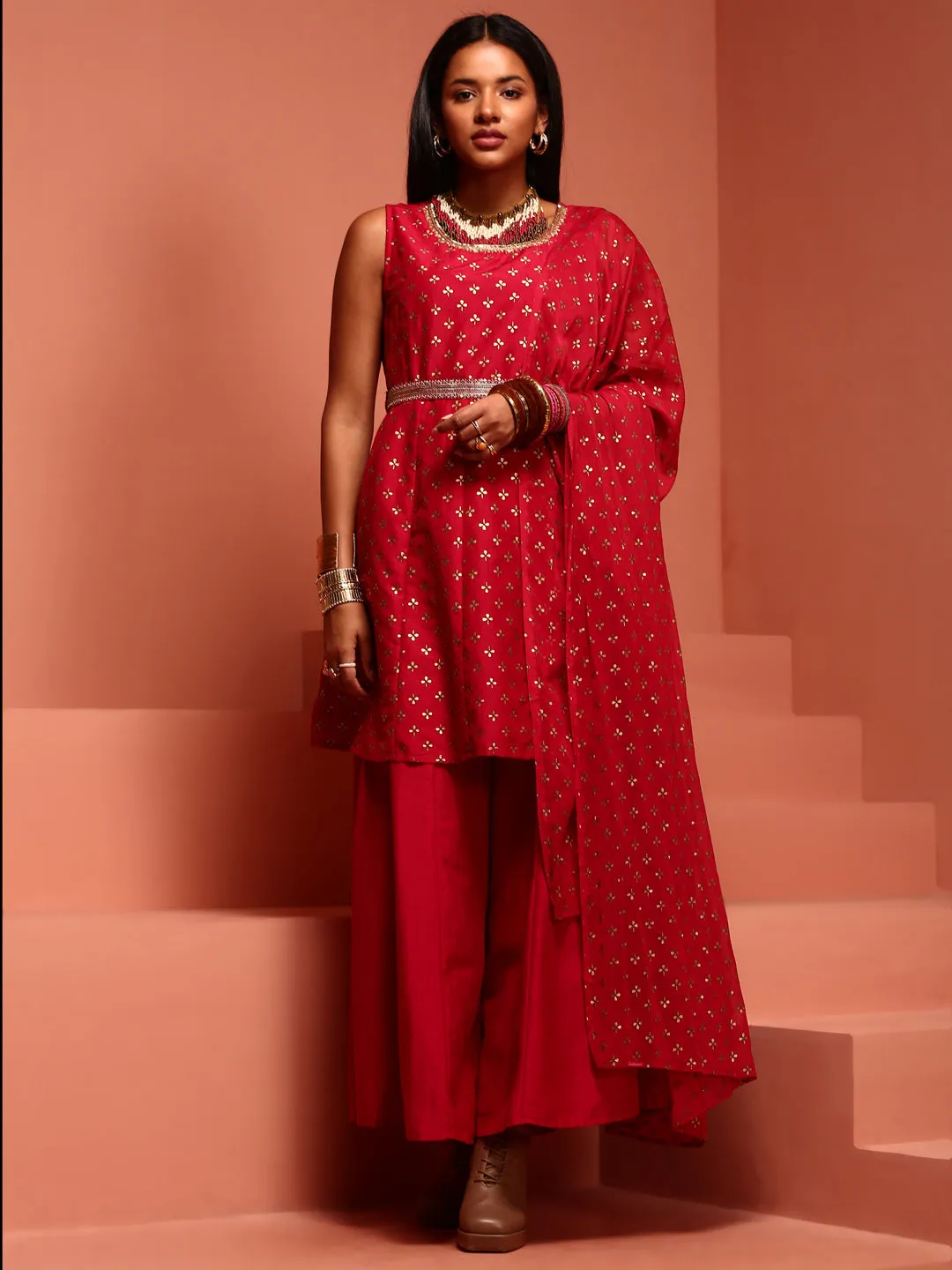 Red Printed Stylish Kurta Palazzo Set