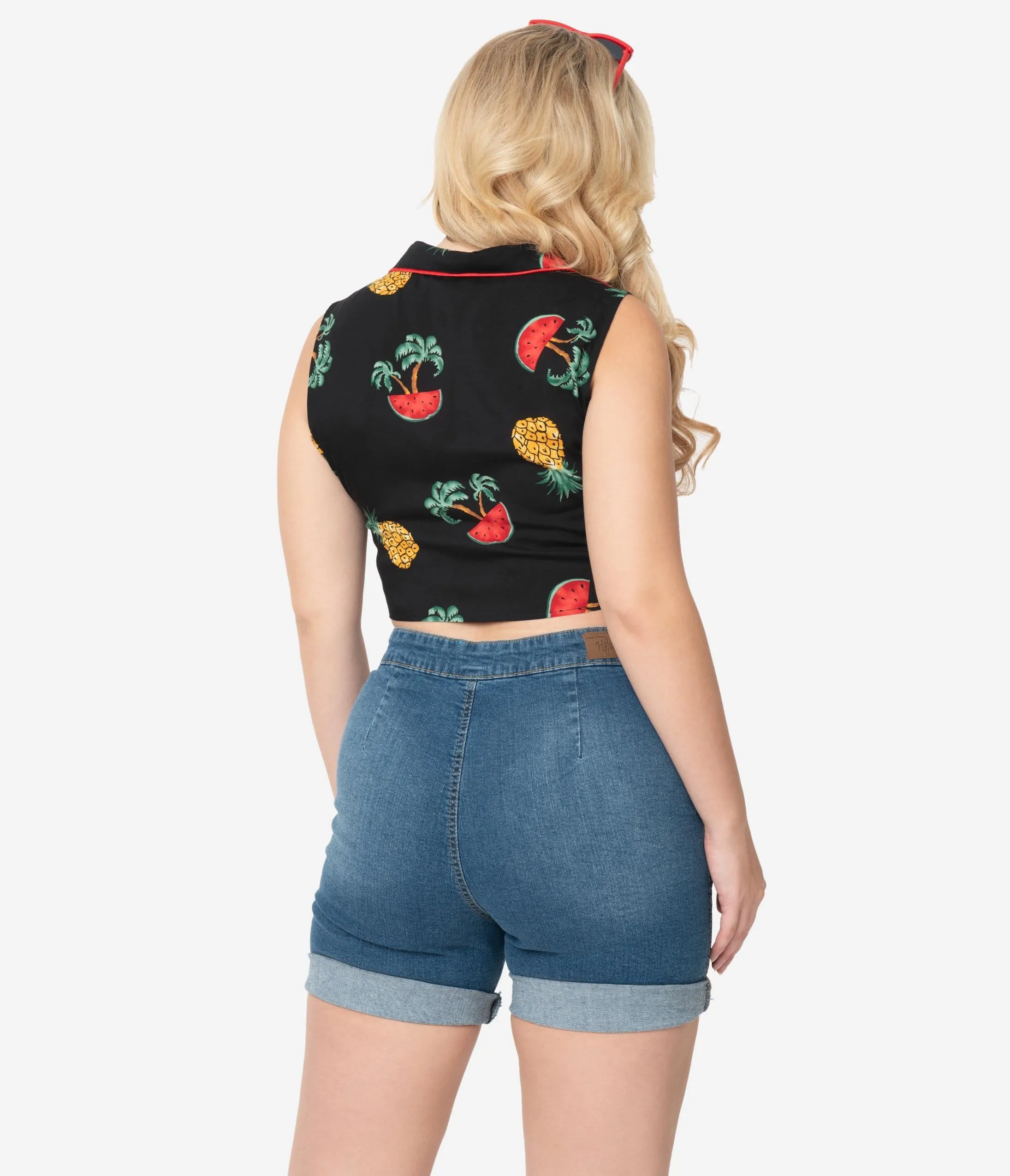 Retro Style Black & Fruit Print Sleeveless Crop Tie Top