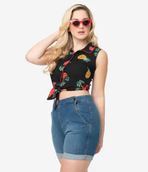 Retro Style Black & Fruit Print Sleeveless Crop Tie Top