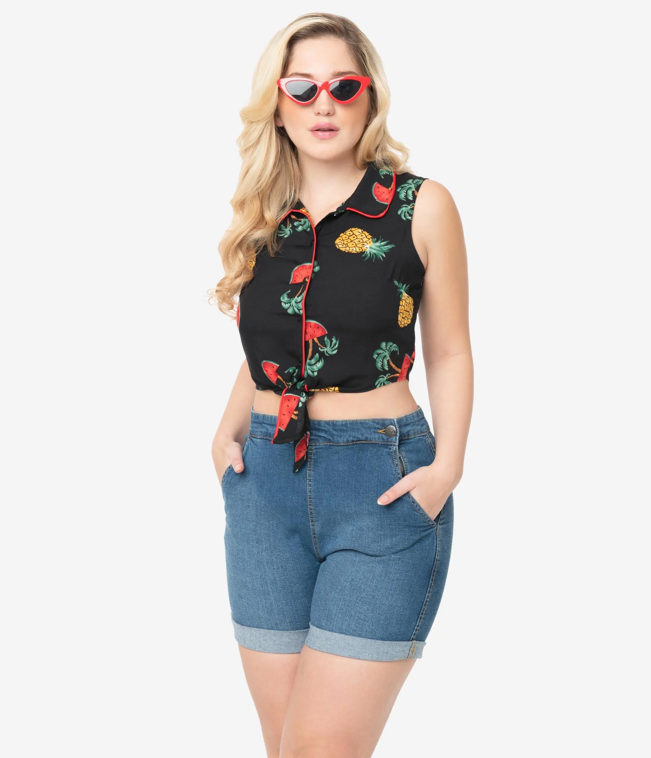 Retro Style Black & Fruit Print Sleeveless Crop Tie Top