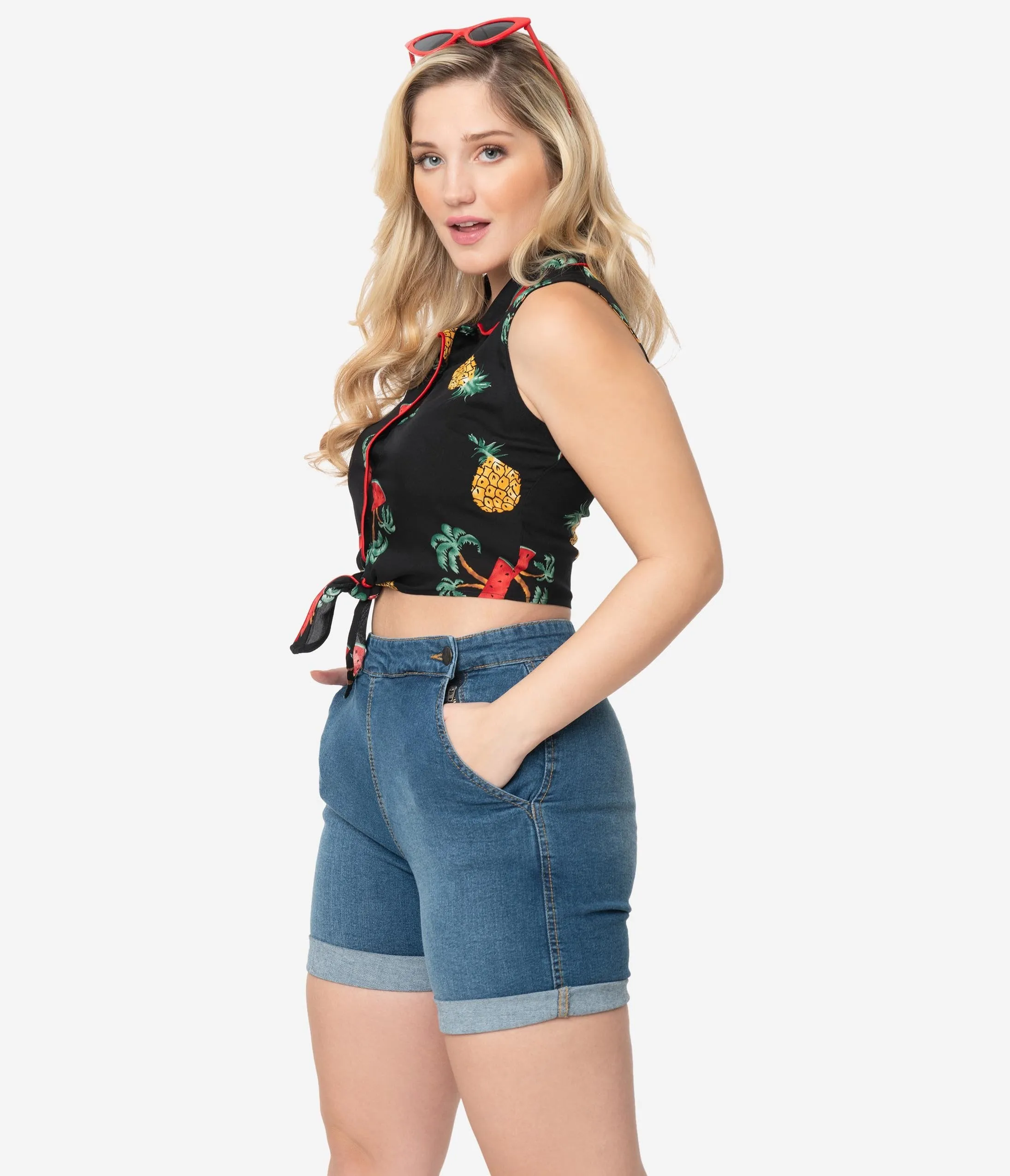 Retro Style Black & Fruit Print Sleeveless Crop Tie Top