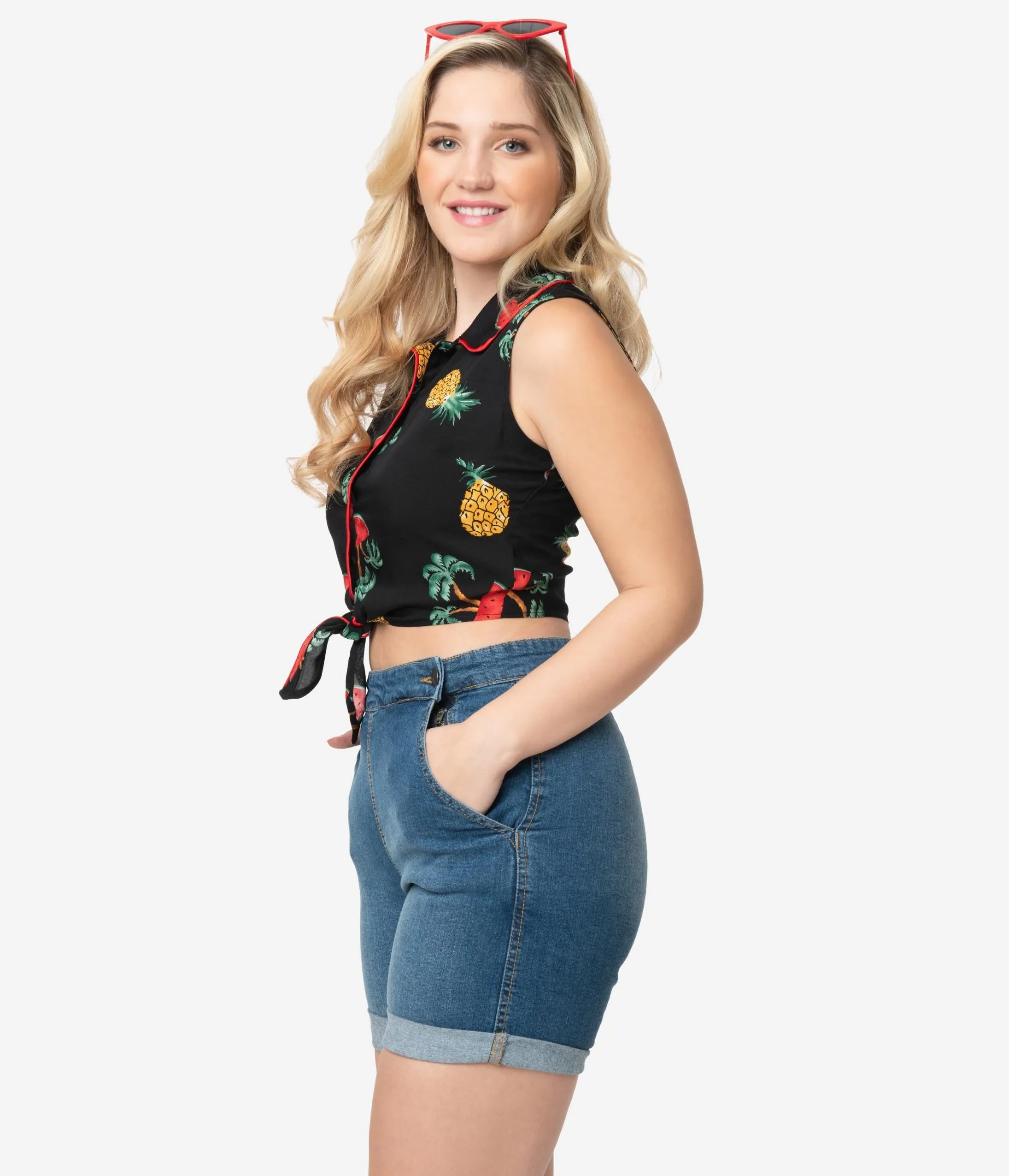 Retro Style Black & Fruit Print Sleeveless Crop Tie Top