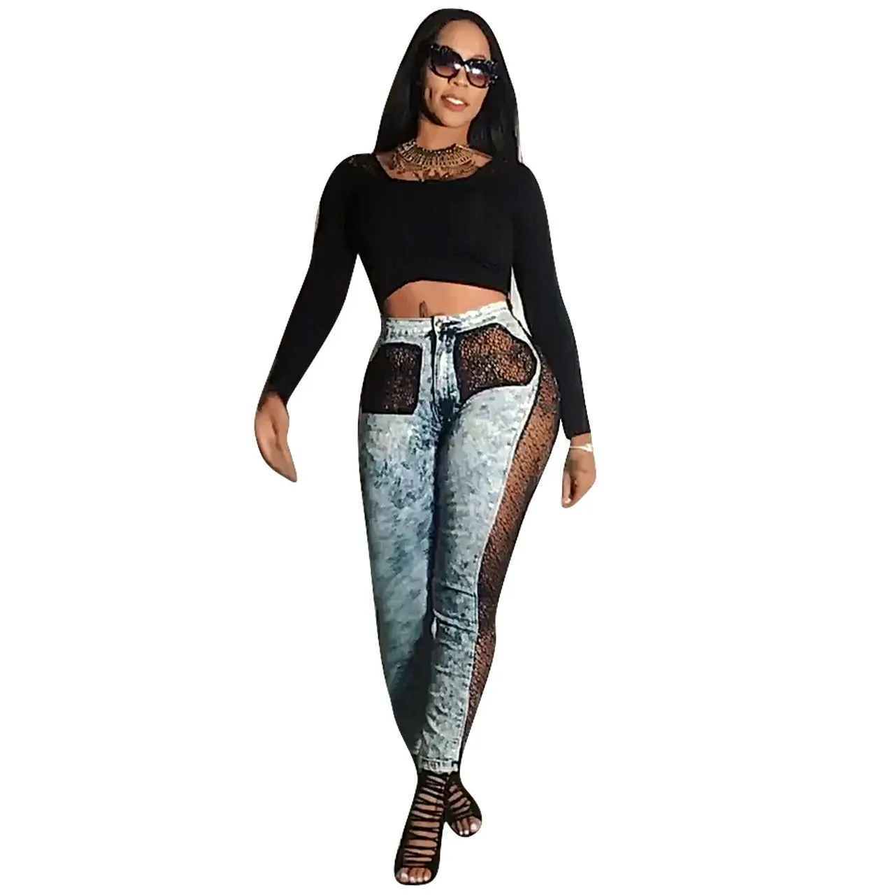 Sexy Plus Size High Waist Lace Sheer Denim Pants
