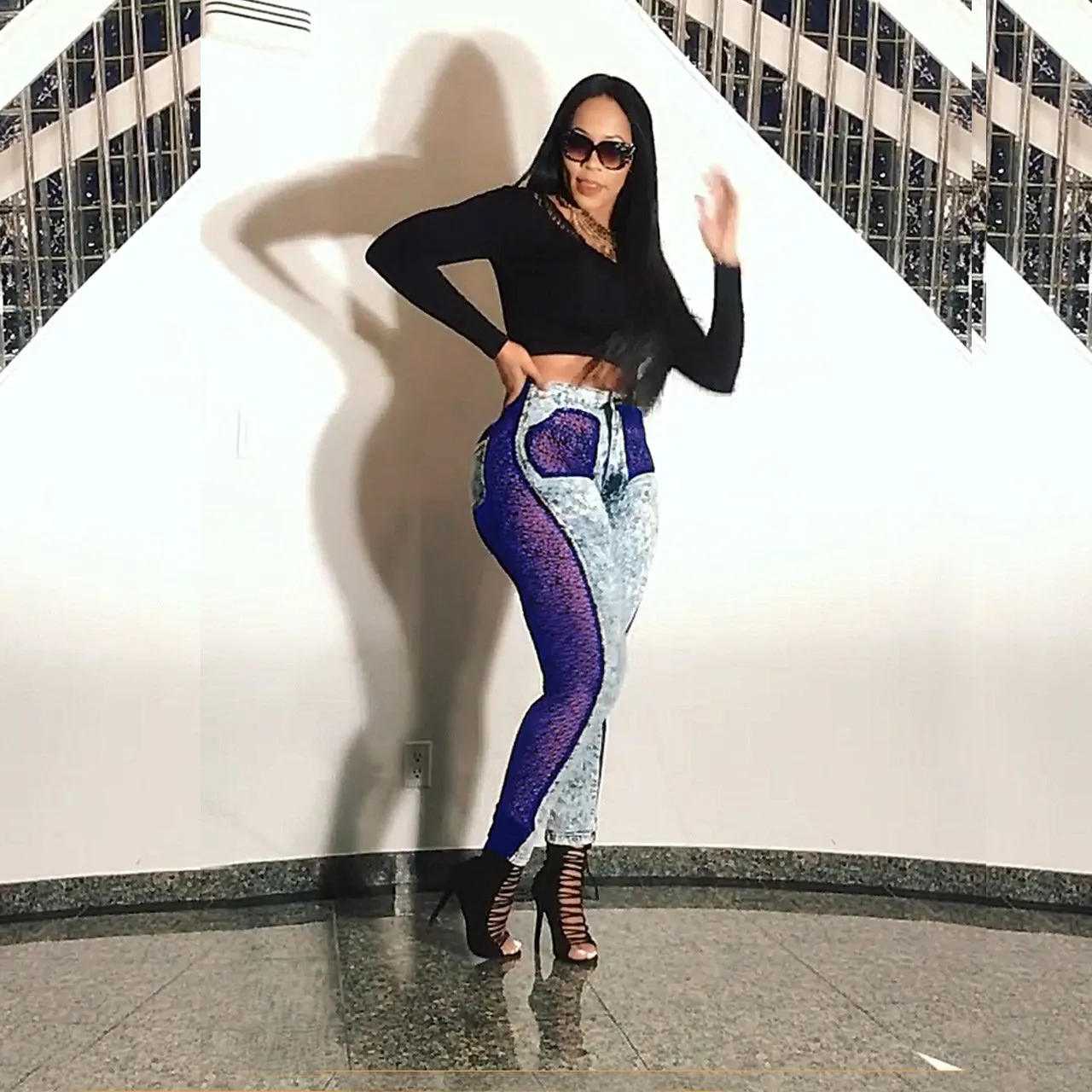Sexy Plus Size High Waist Lace Sheer Denim Pants
