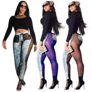 Sexy Plus Size High Waist Lace Sheer Denim Pants