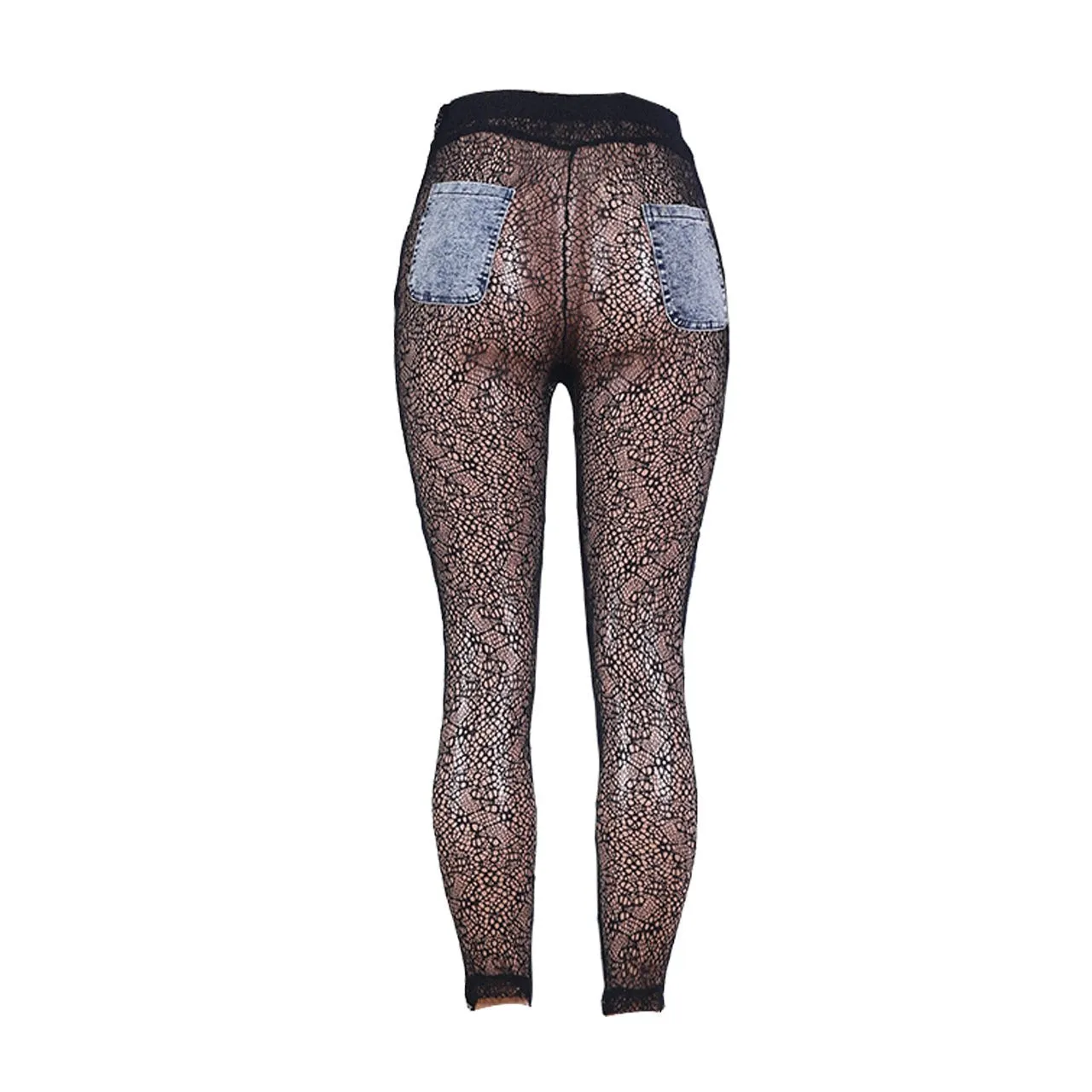 Sexy Plus Size High Waist Lace Sheer Denim Pants