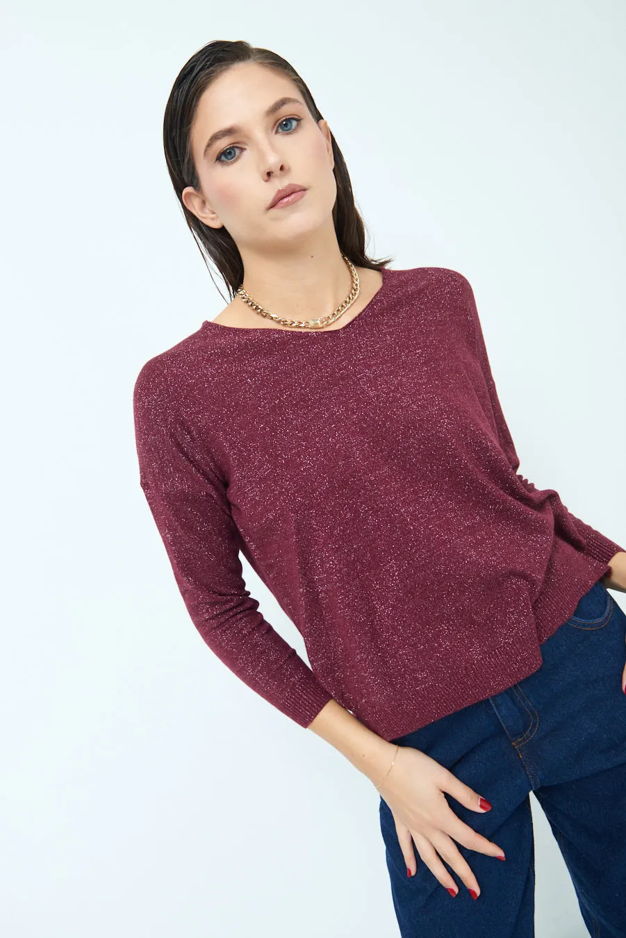 Shimmer v-neck knit top wholesale