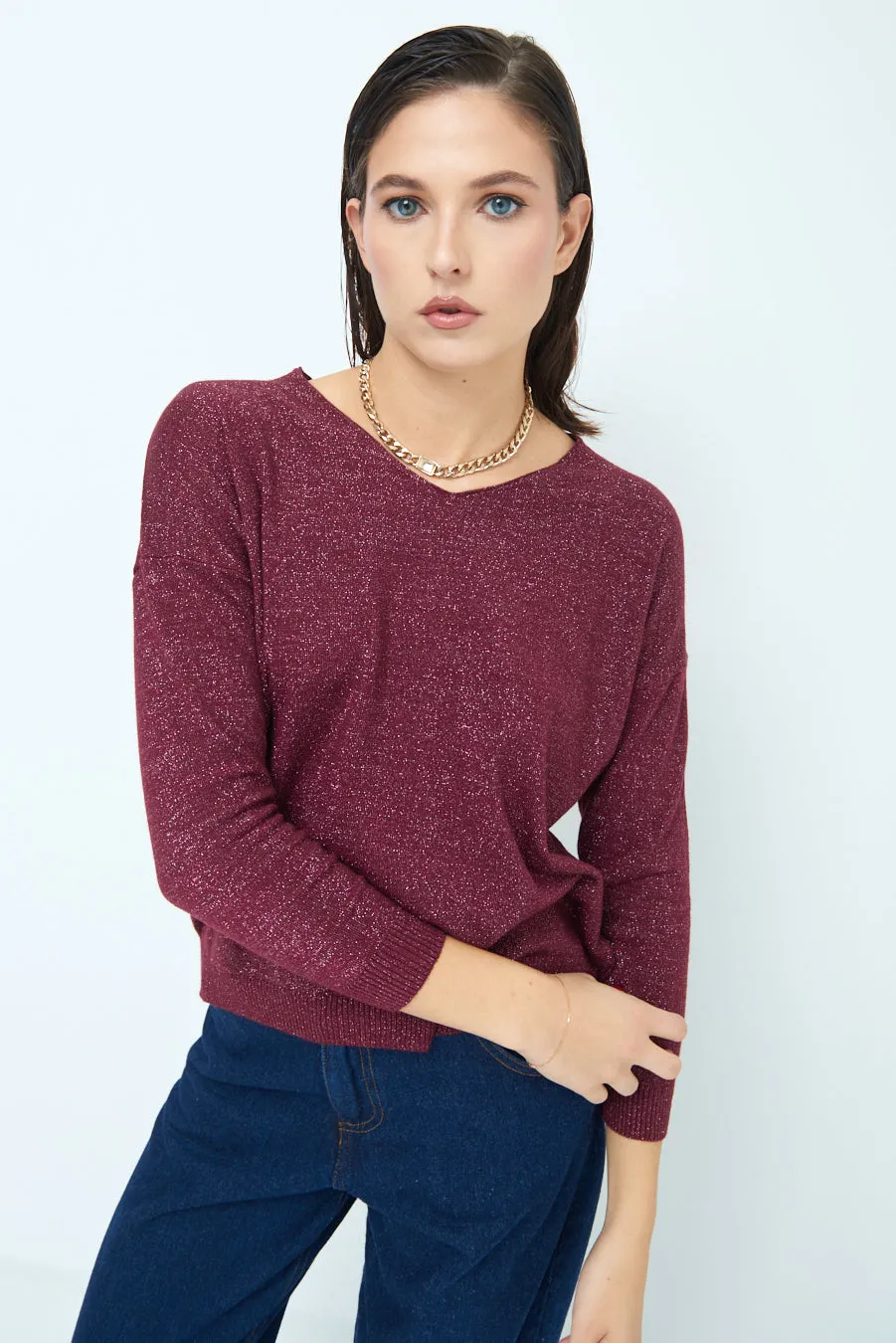 Shimmer v-neck knit top wholesale
