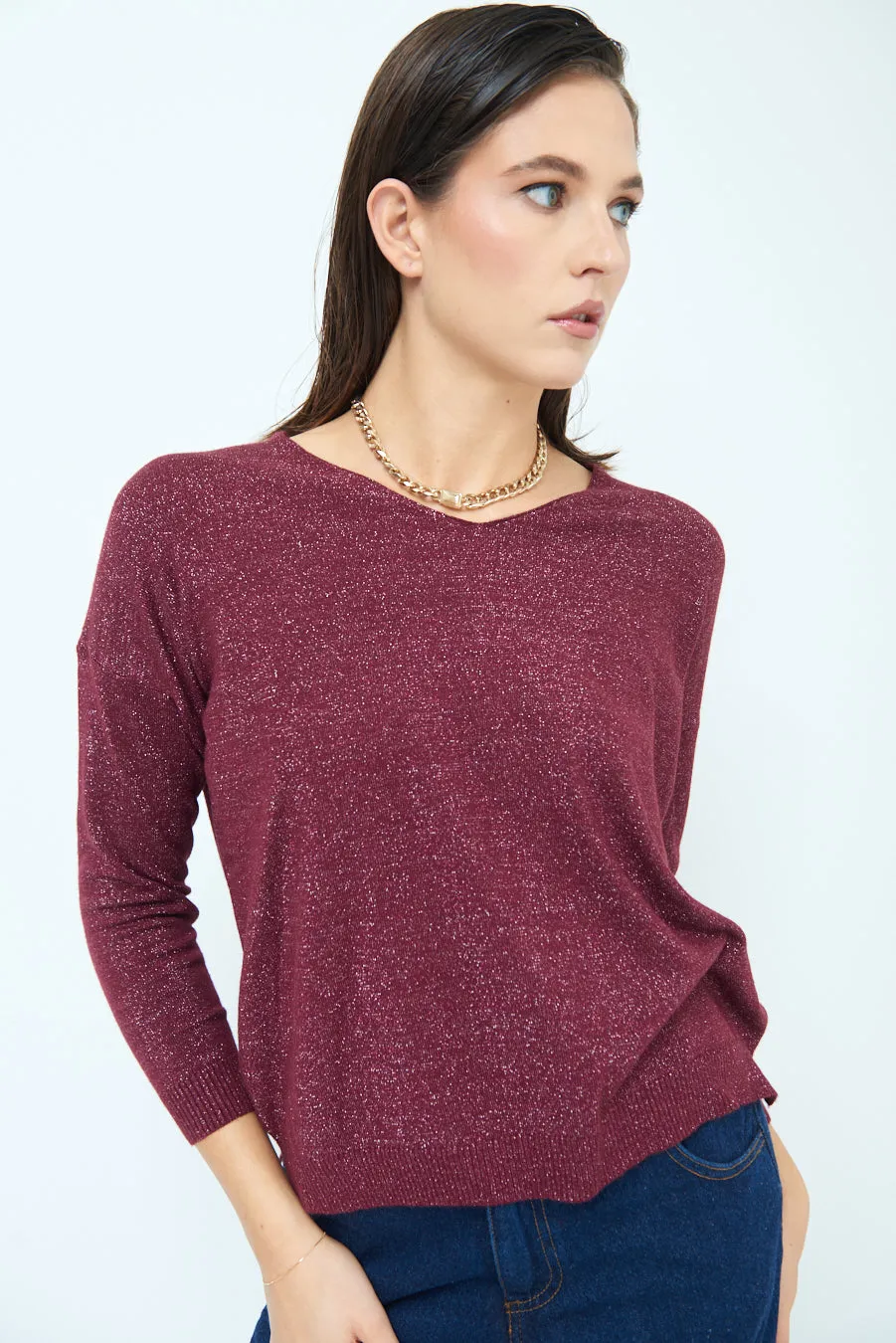 Shimmer v-neck knit top wholesale