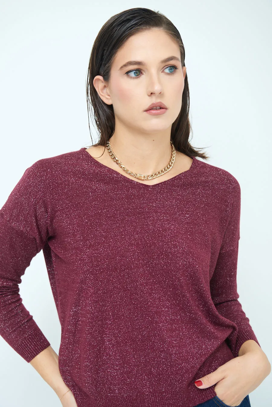 Shimmer v-neck knit top wholesale