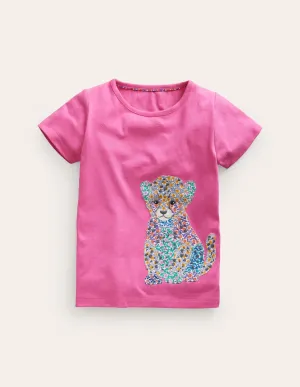Short Sleeve Appliqué T-shirt-Pink Baby Leopard
