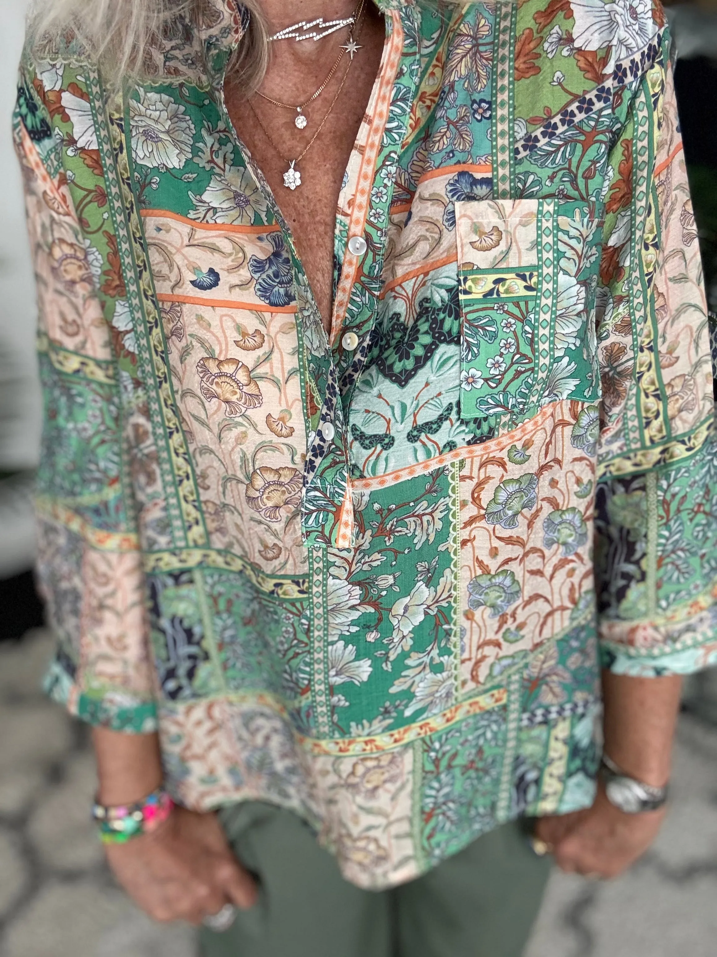 Silky Patchwork Shirt in Green