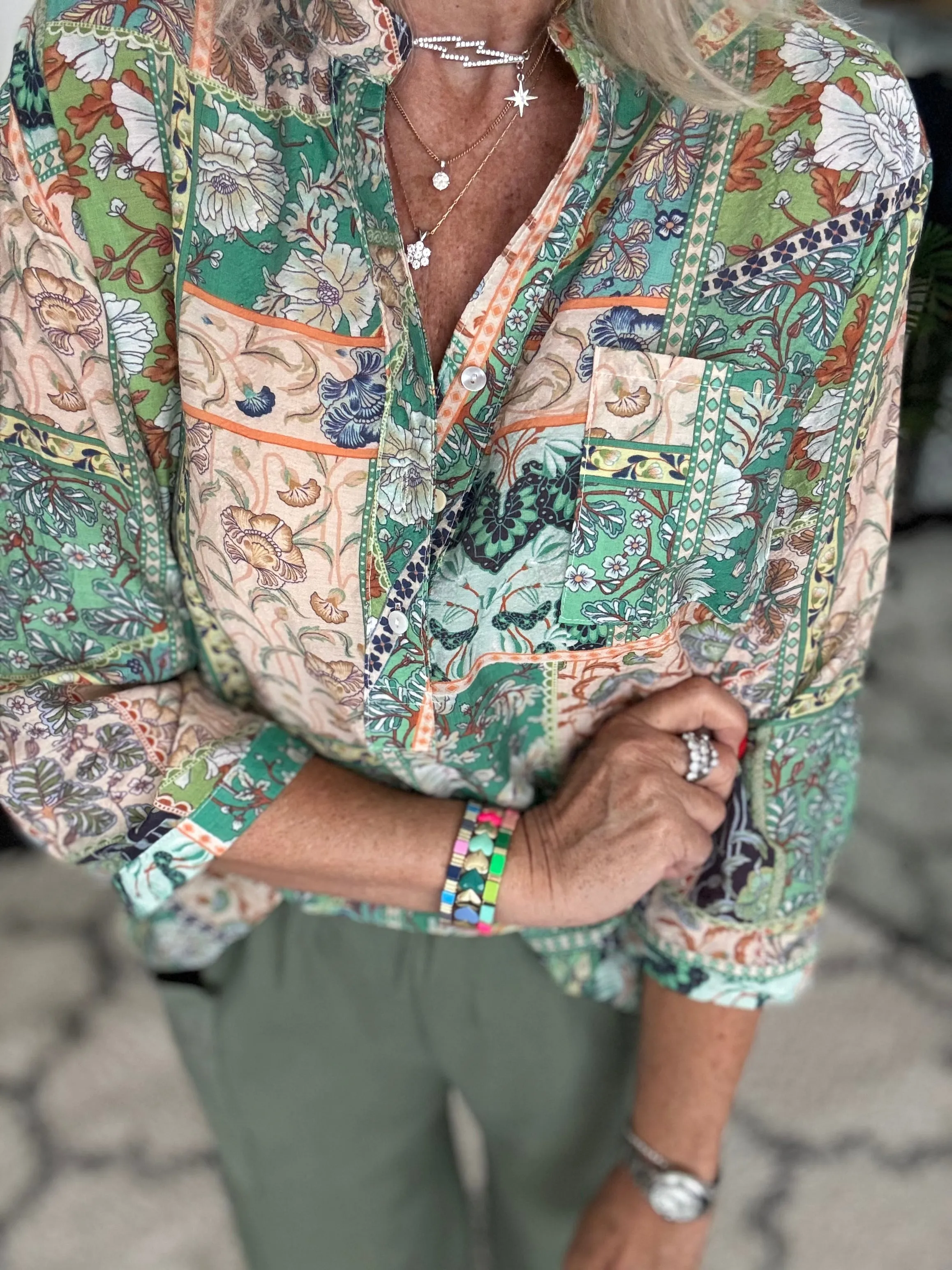 Silky Patchwork Shirt in Green