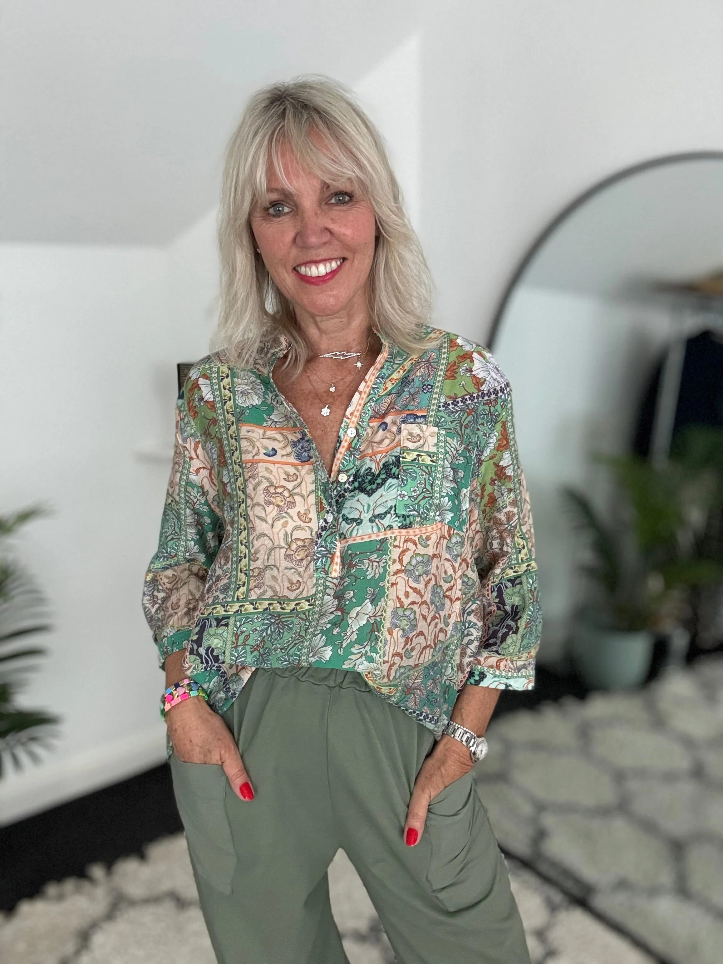 Silky Patchwork Shirt in Green
