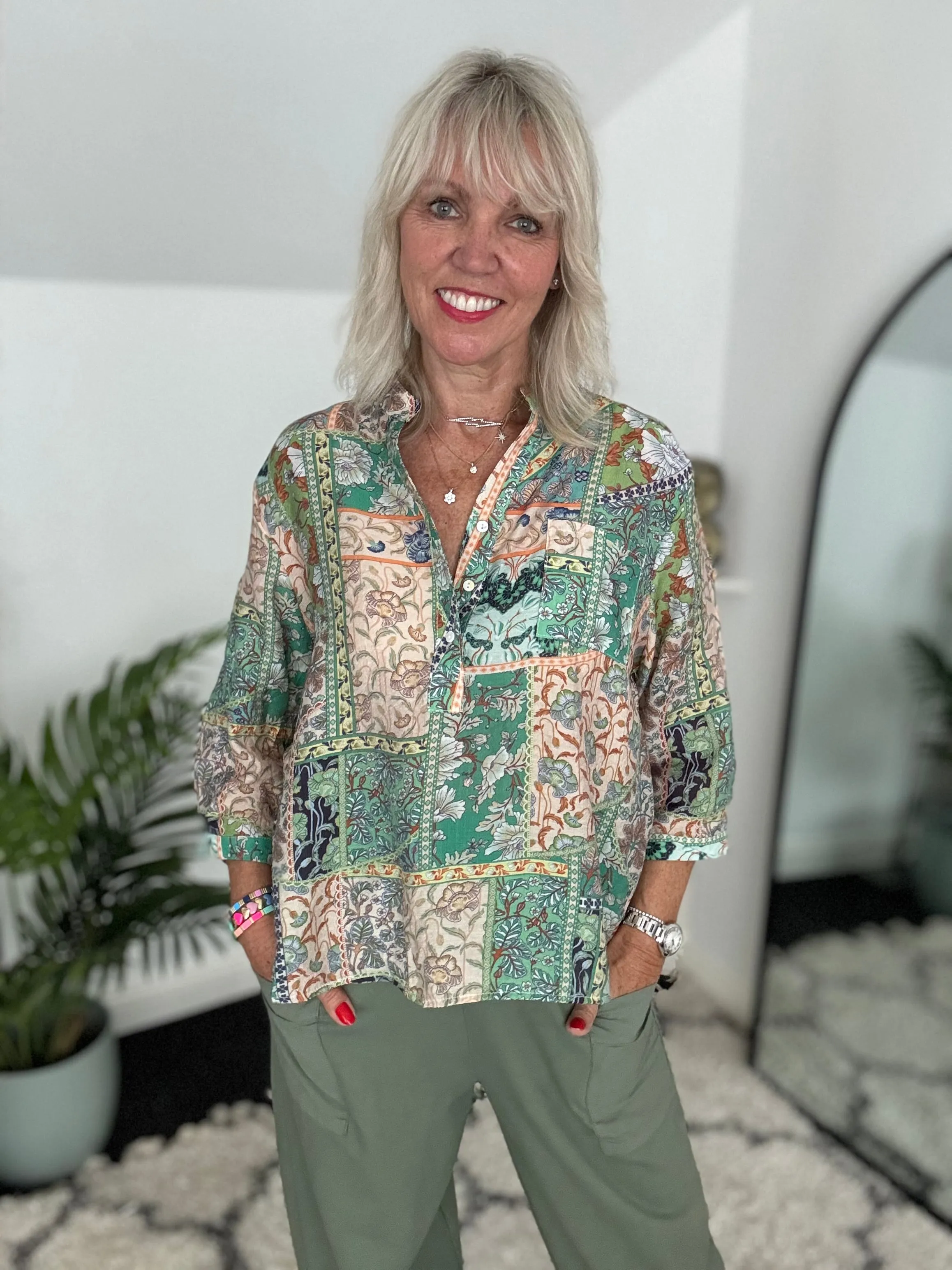 Silky Patchwork Shirt in Green