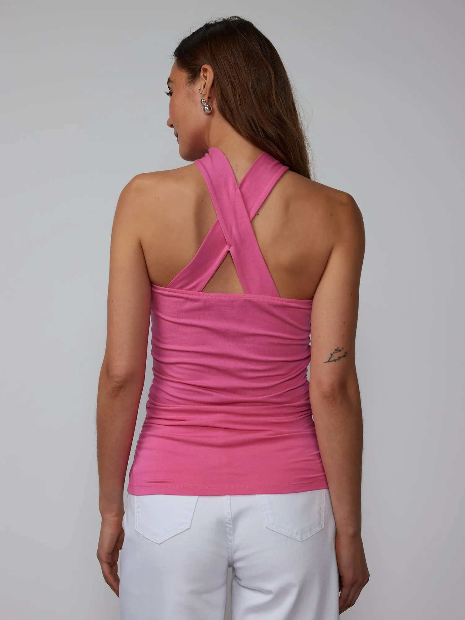 Sleeveless Halter Cross-Back Rosette Top