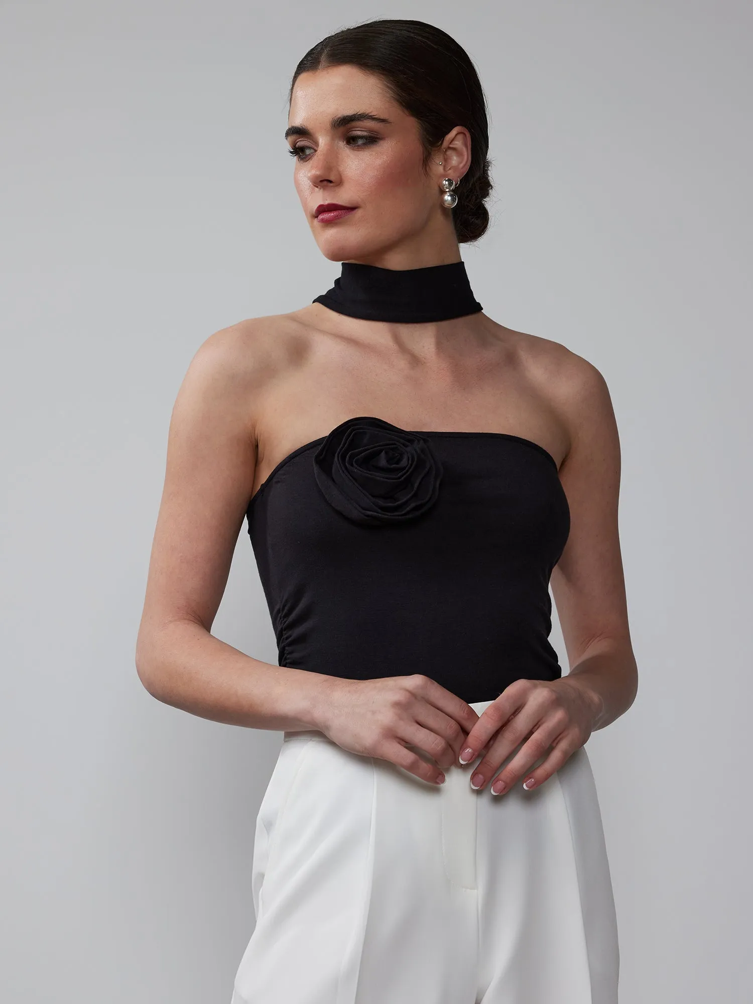 Sleeveless Halter Cross-Back Rosette Top