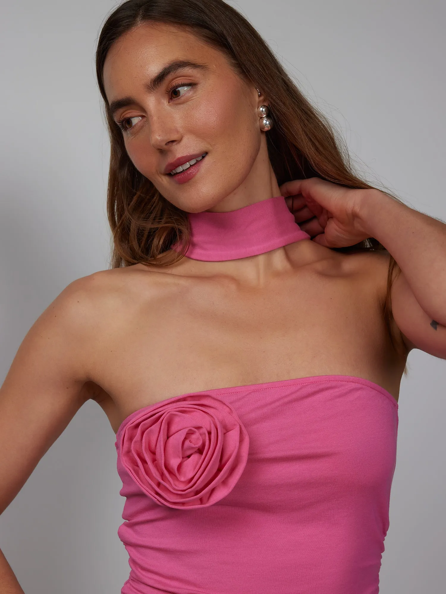Sleeveless Halter Cross-Back Rosette Top