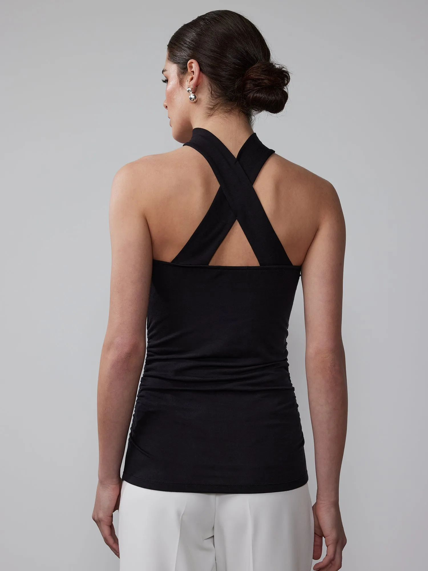 Sleeveless Halter Cross-Back Rosette Top