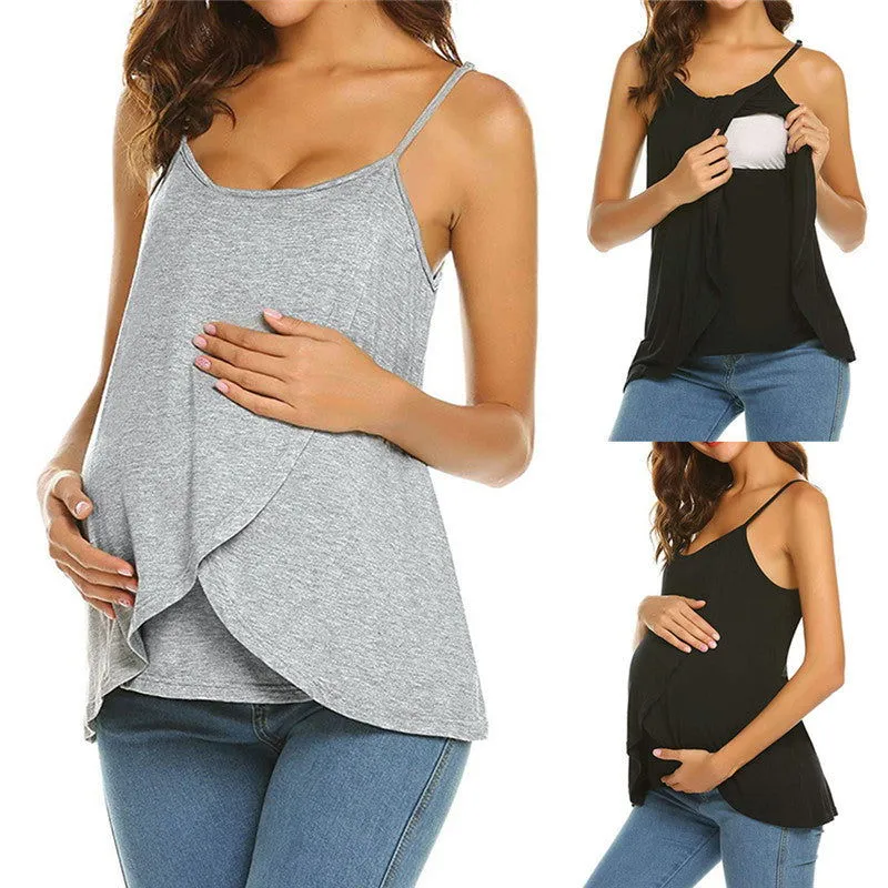 Sleeveless Soft Cotton Blend Maternity Breastfeeding Shirts