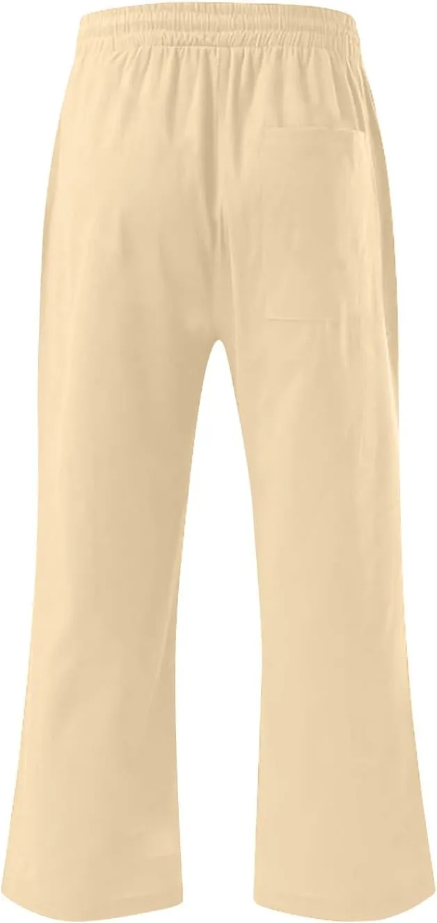Solid Colour Elastic Waist Pants for Men Light Jogger Pants Casual Beach Pants Capri Pants Linen Relaxed Pants