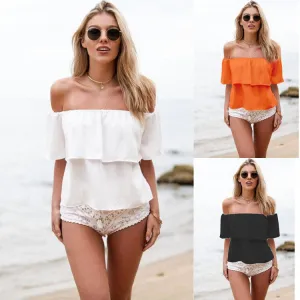 Strapless Pure Color Chiffon Falbala Sexy Beach Blouse