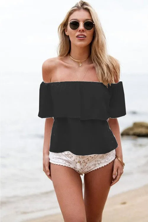 Strapless Pure Color Chiffon Falbala Sexy Beach Blouse