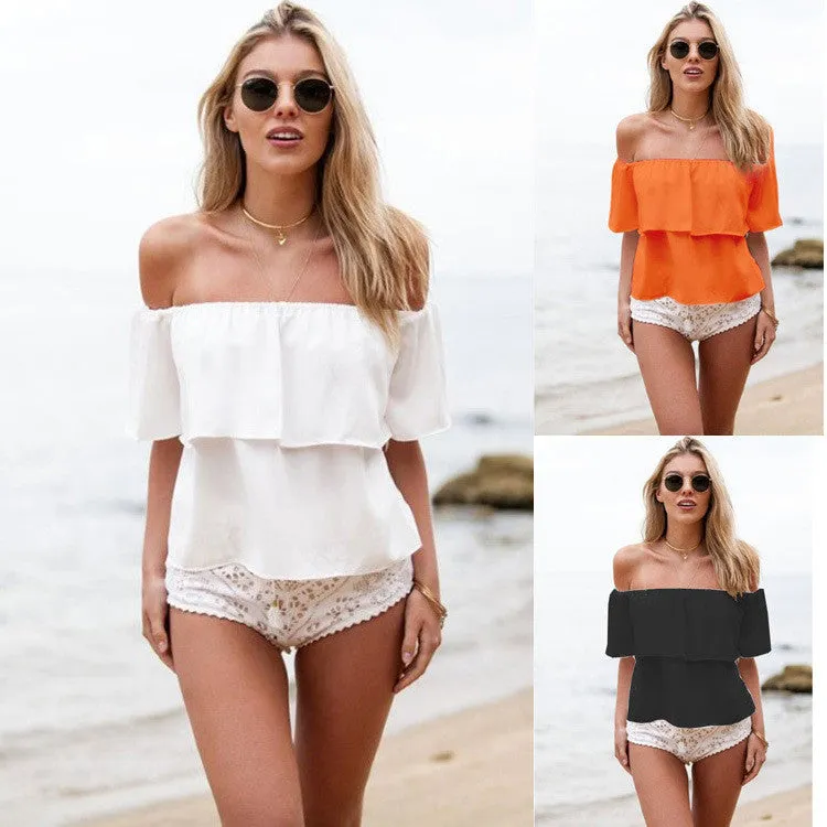 Strapless Pure Color Chiffon Falbala Sexy Beach Blouse