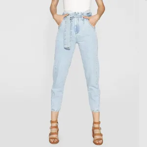 Summer High Waist Belt Denim Pegged Pants