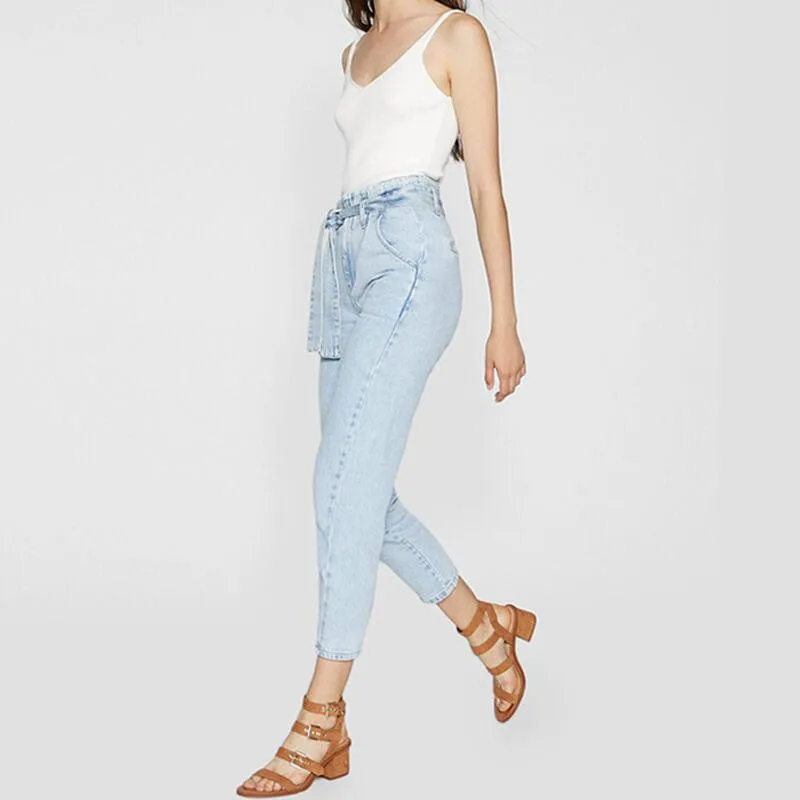 Summer High Waist Belt Denim Pegged Pants