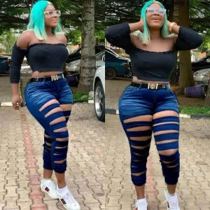 Summer High Waist Blue Skinny Ripped Denim Pants