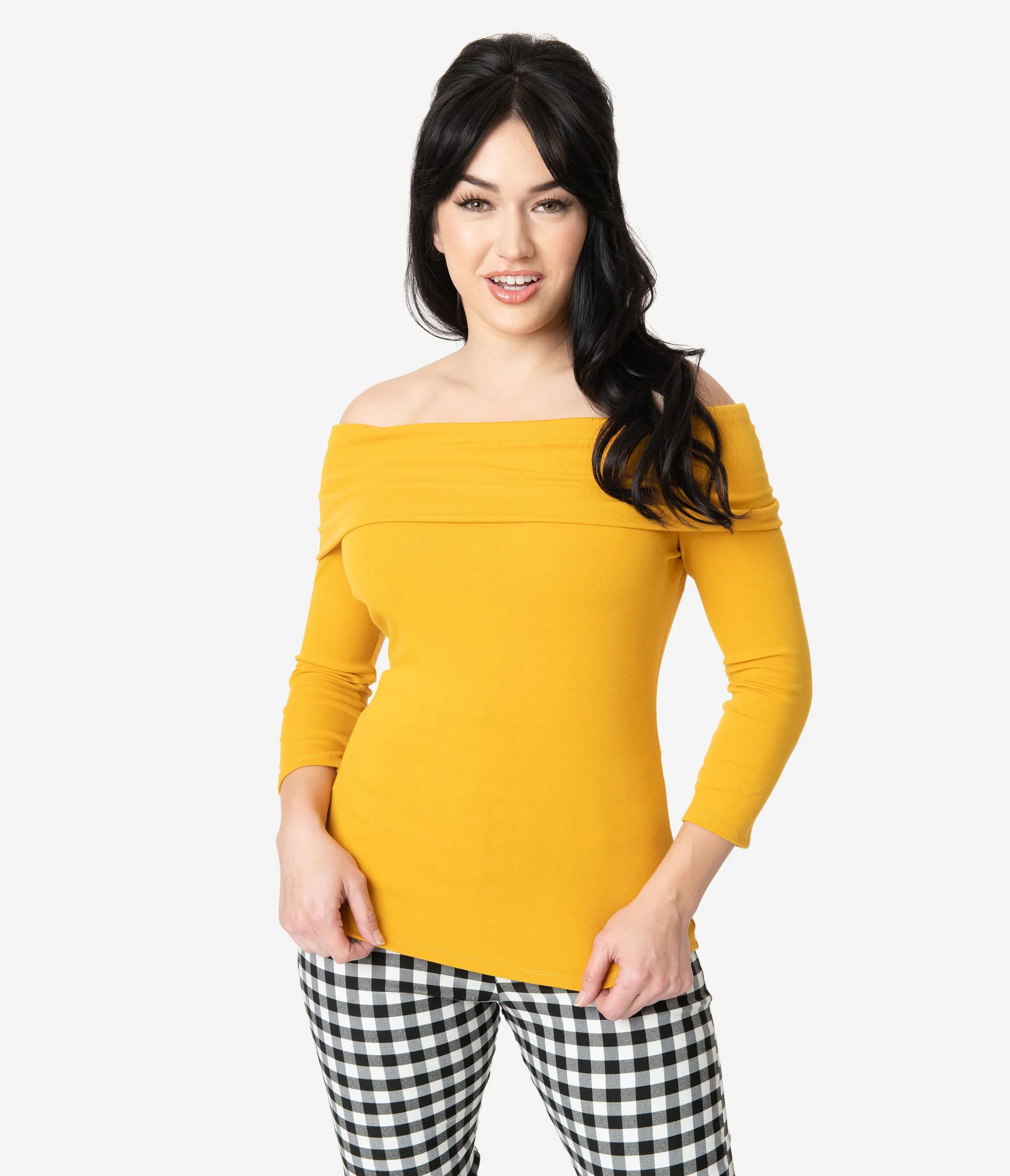 Unique Vintage Mustard Off Shoulder Cowl Sleeved Nina Top