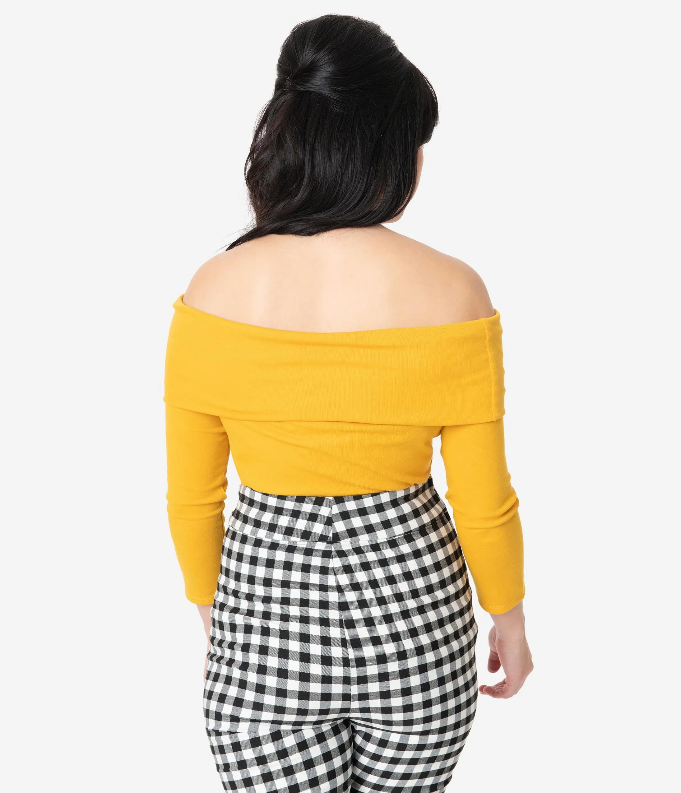 Unique Vintage Mustard Off Shoulder Cowl Sleeved Nina Top