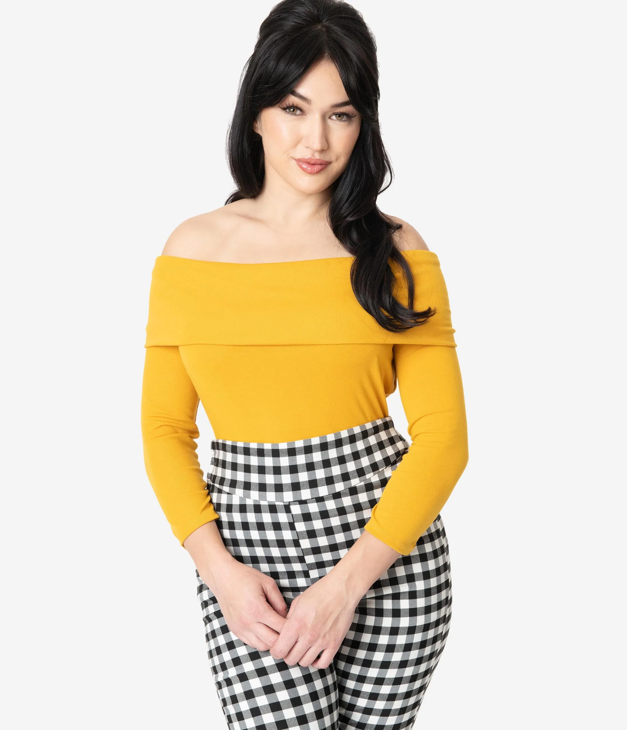 Unique Vintage Mustard Off Shoulder Cowl Sleeved Nina Top
