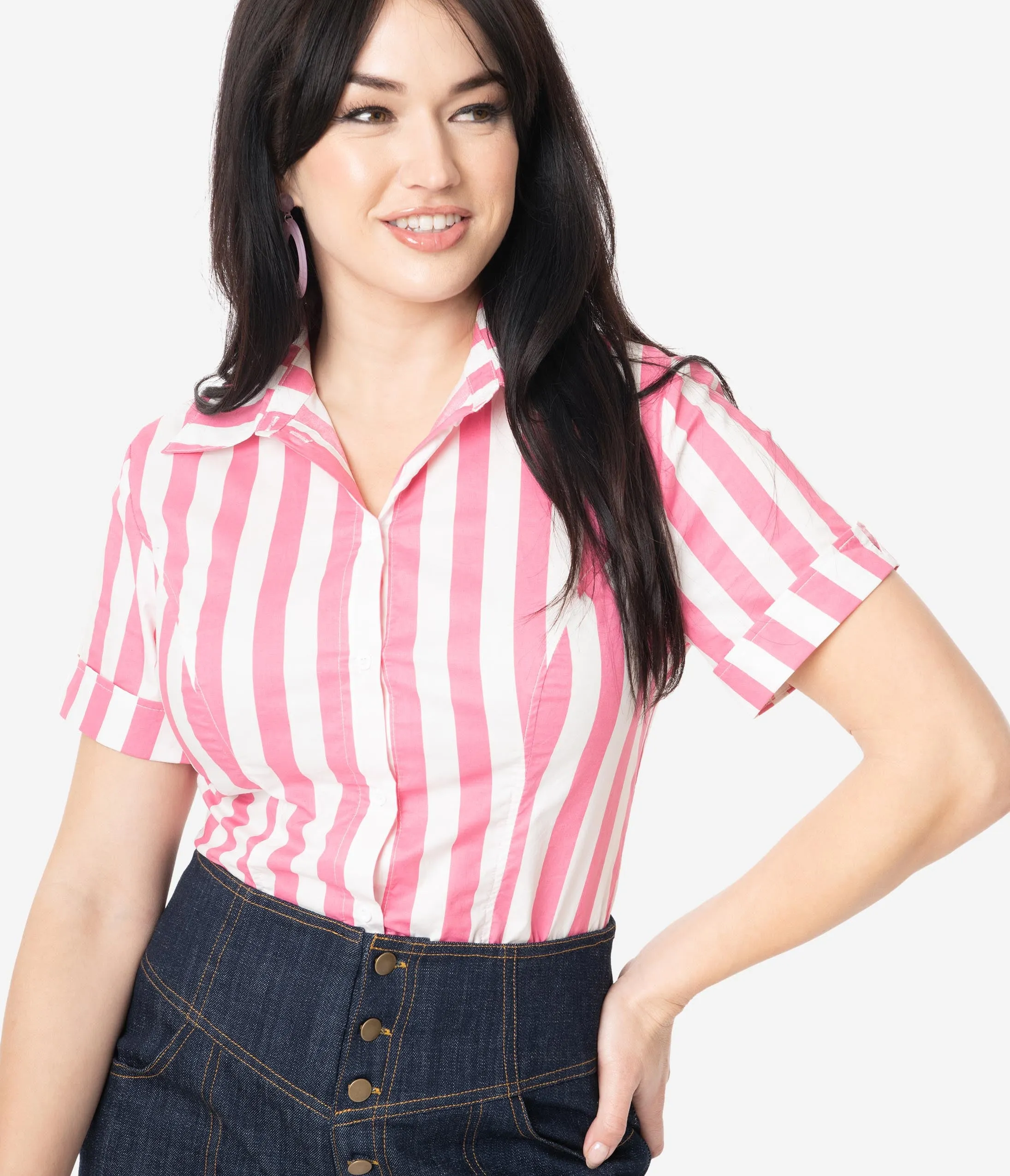 Unique Vintage Pink & White Stripe Mazzie Blouse