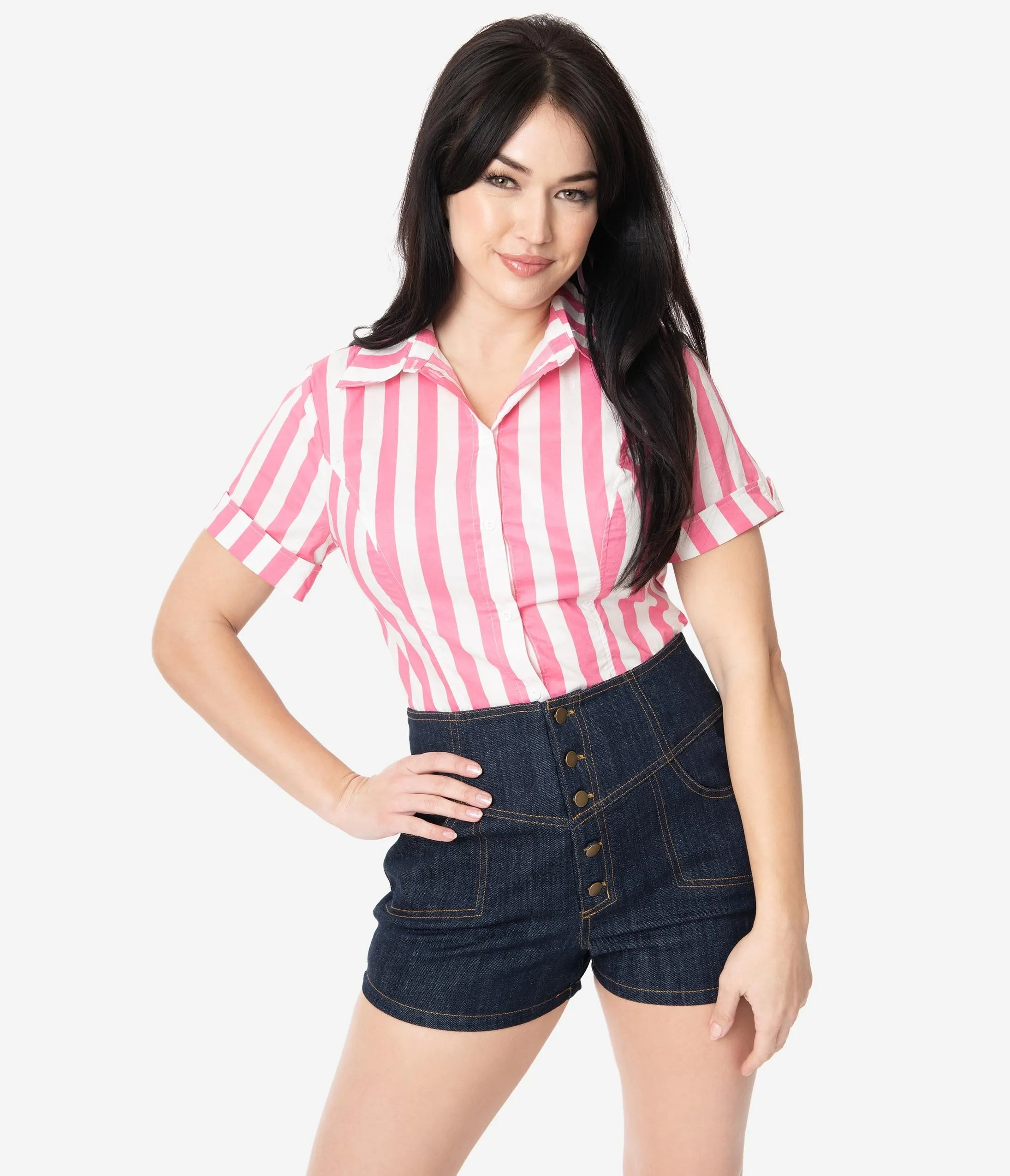 Unique Vintage Pink & White Stripe Mazzie Blouse