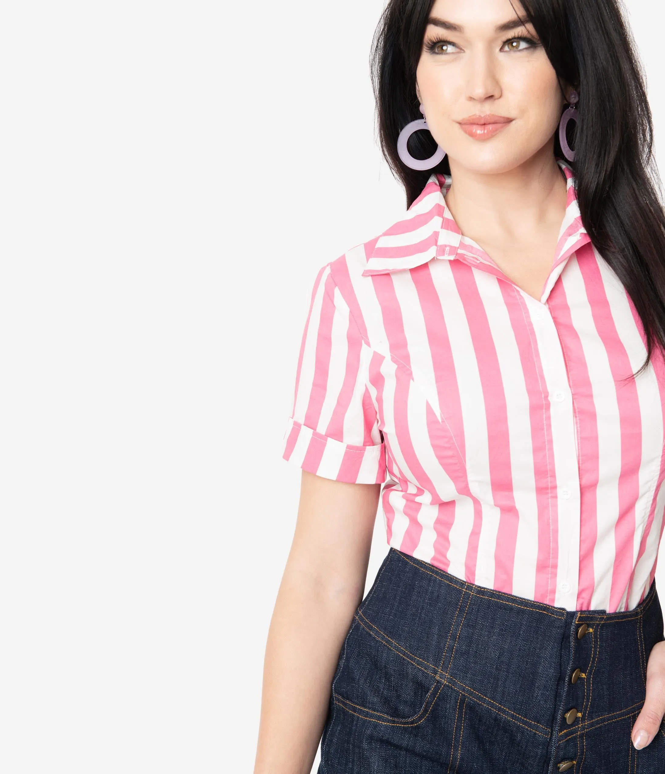 Unique Vintage Pink & White Stripe Mazzie Blouse