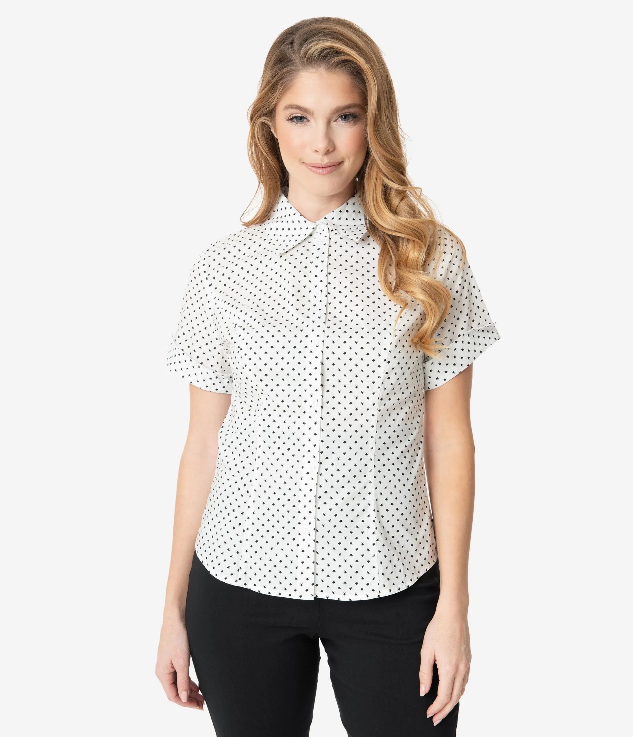 Unique Vintage White & Black Stars Mazzie Blouse