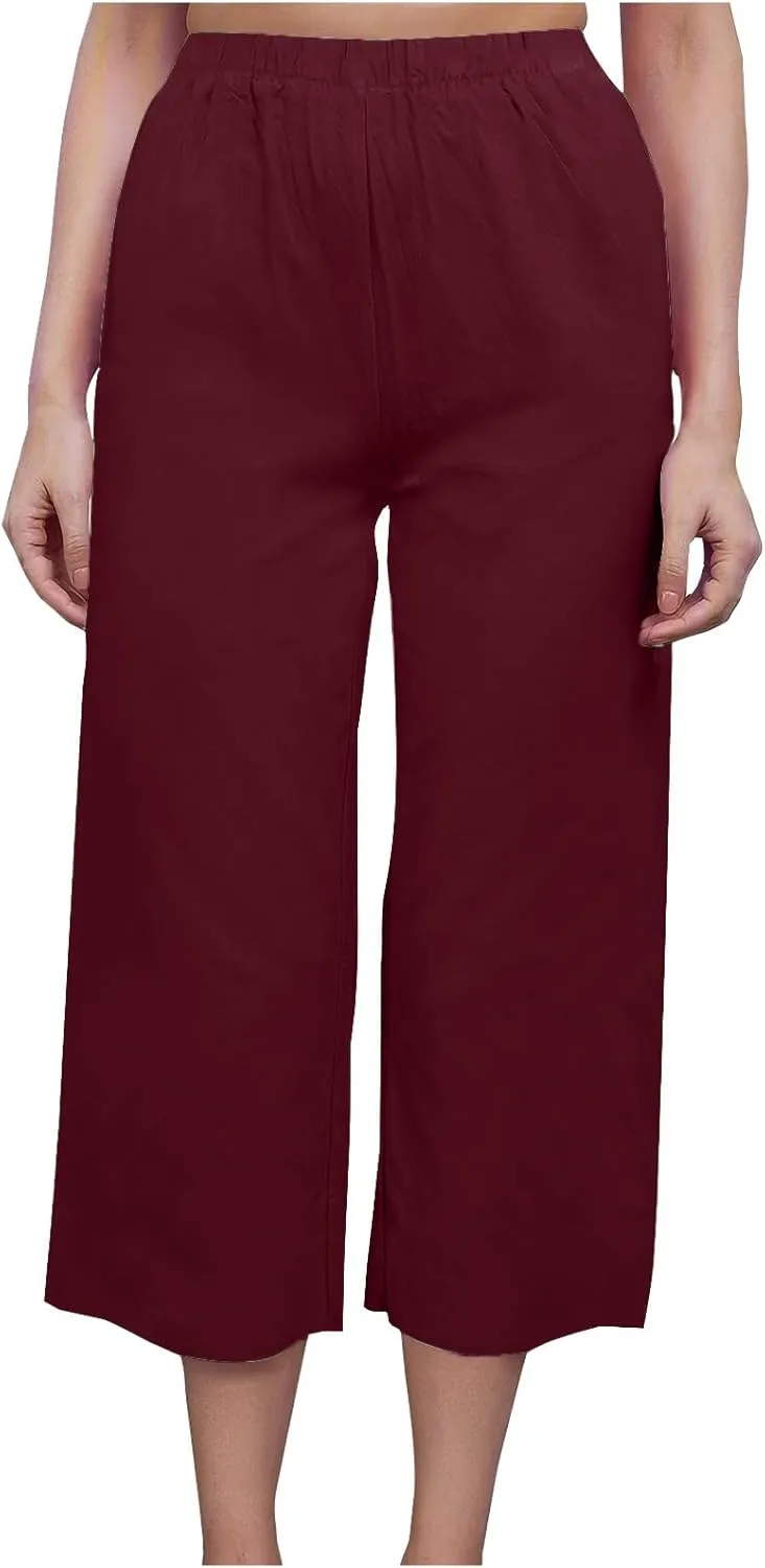 Women's Casual Loose Linen Capri Pants - Comfortable Elastic Waist Breathable Summer Trousers, Relaxed Boho Pants