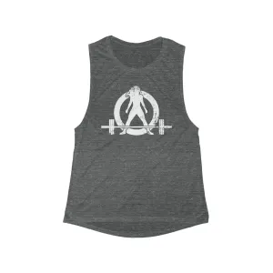 Women's Flowy Scoop Muscle Tank - White Distressed Logo