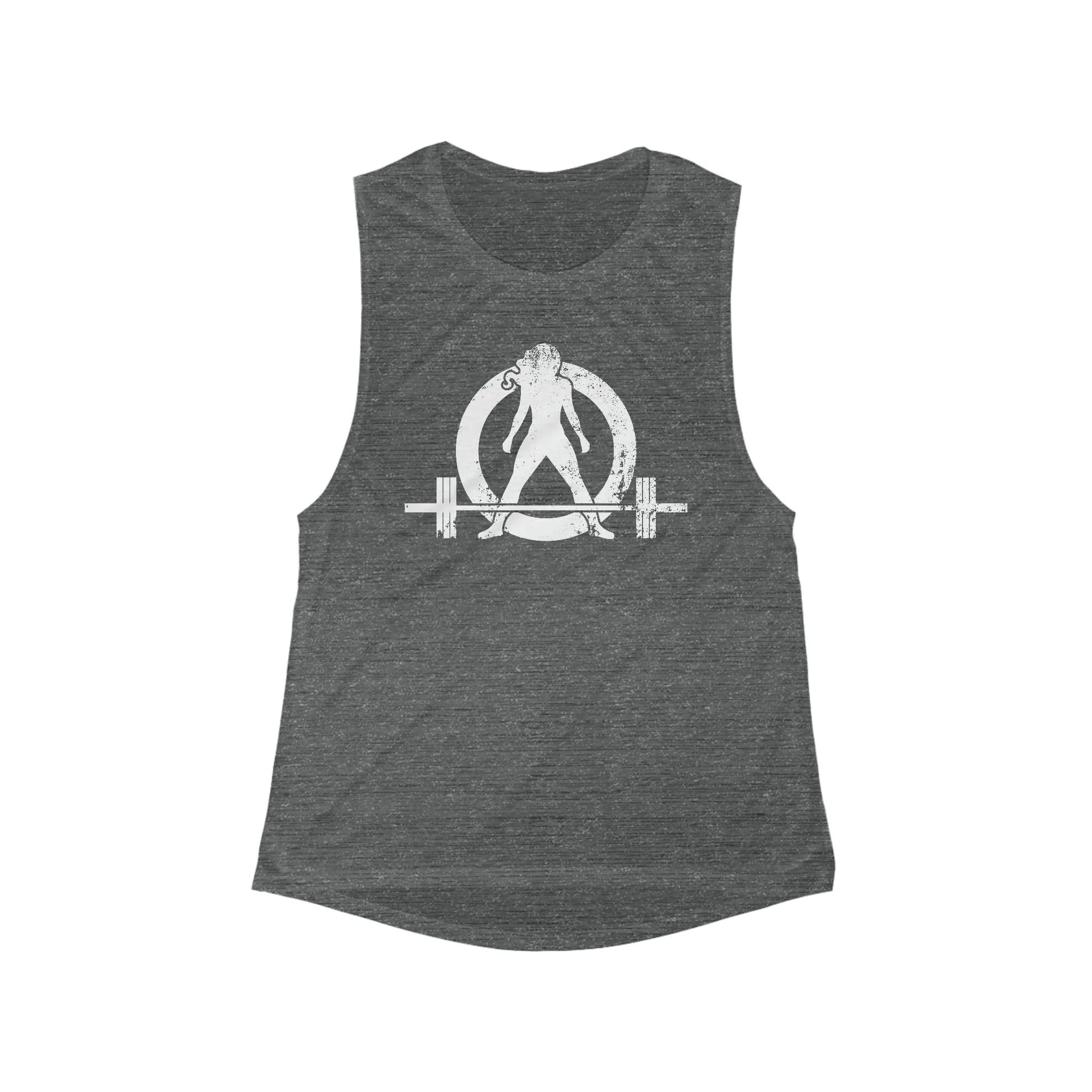 Women's Flowy Scoop Muscle Tank - White Distressed Logo