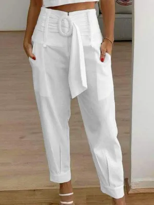 Women’s Linen Cropped Pants with Pockets and Belt