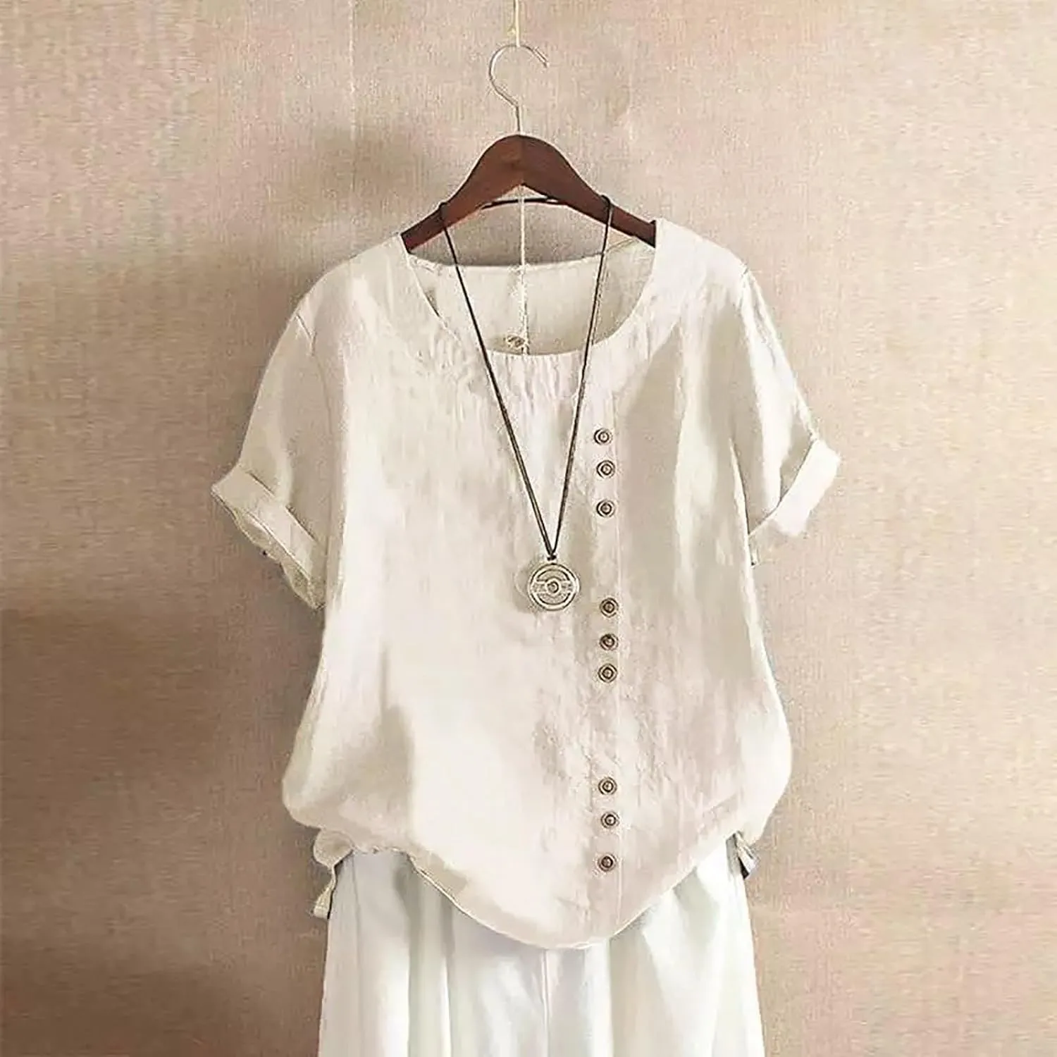 Women's Linen Shirts Summer Linen Embroidery Long Sleeve T-Shirt Casual Loose Fit Henley V Neck Blouse