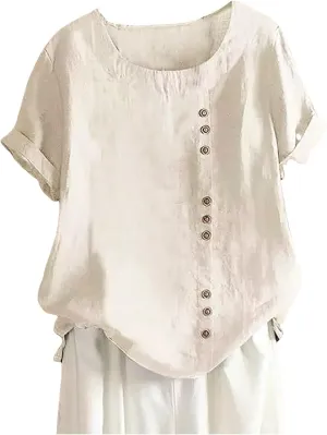 Women's Linen Shirts Summer Linen Embroidery Long Sleeve T-Shirt Casual Loose Fit Henley V Neck Blouse