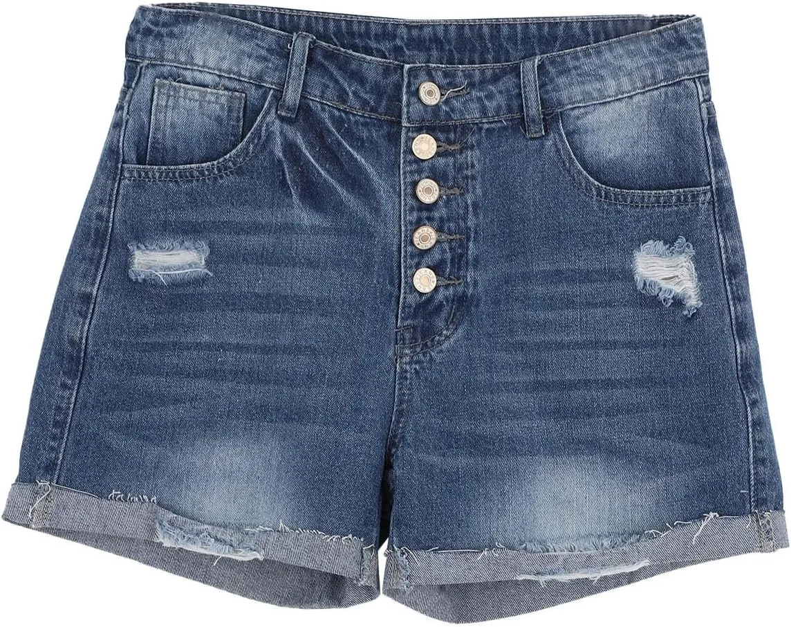 Women's Ripped Denim Shorts High Waist Distressed Sexy Jean Shorts Casual Outdoor Rolled Short Jeans with Pockets