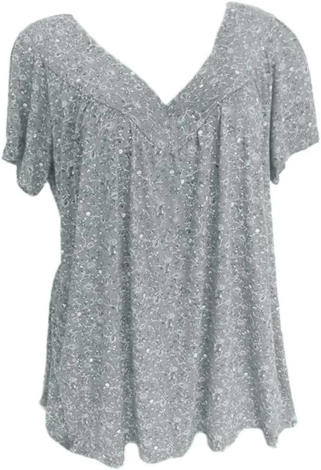 Womens Summer Tops Short Sleeve Floral Shirts Casual Boho V Neck Tshirts Hide Belly Fat Vacation Tunic Dressy Blouses